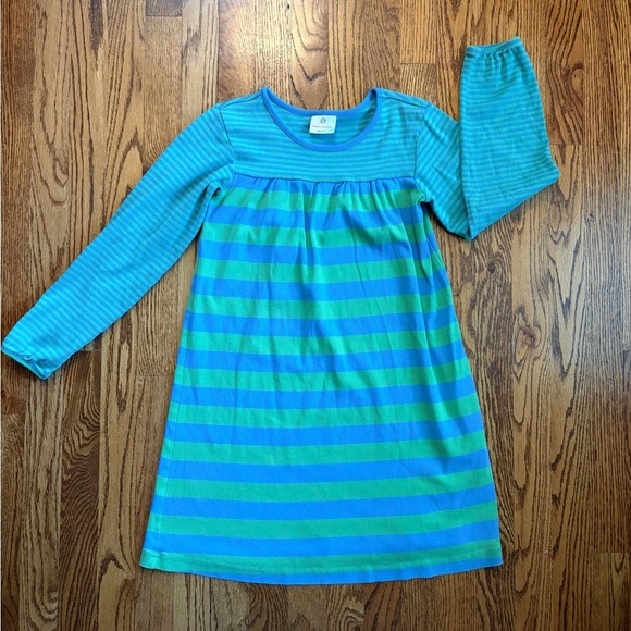 Hanna Andersson Long Sleeve Cotton Dress – Size 140 (10Y) – Green & Blue Stripe - Picture 1 of 9